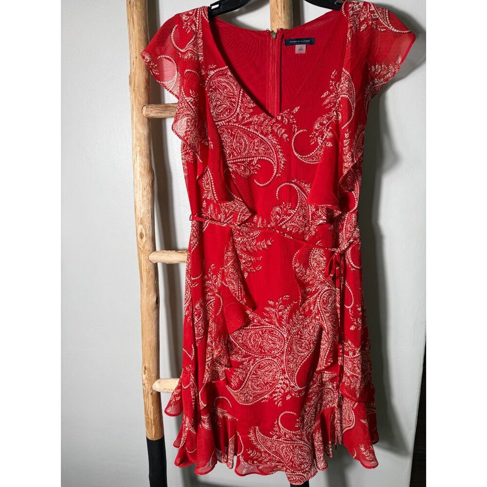 Tommy Hilfiger Red Paisley Handkerchief Women 6 Ruffle Sleeve Flowy Midi Dress